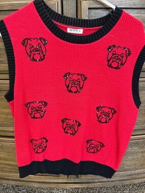 WHY Red Sleeveless Bulldog Knit Sweater Vest with Black Trim